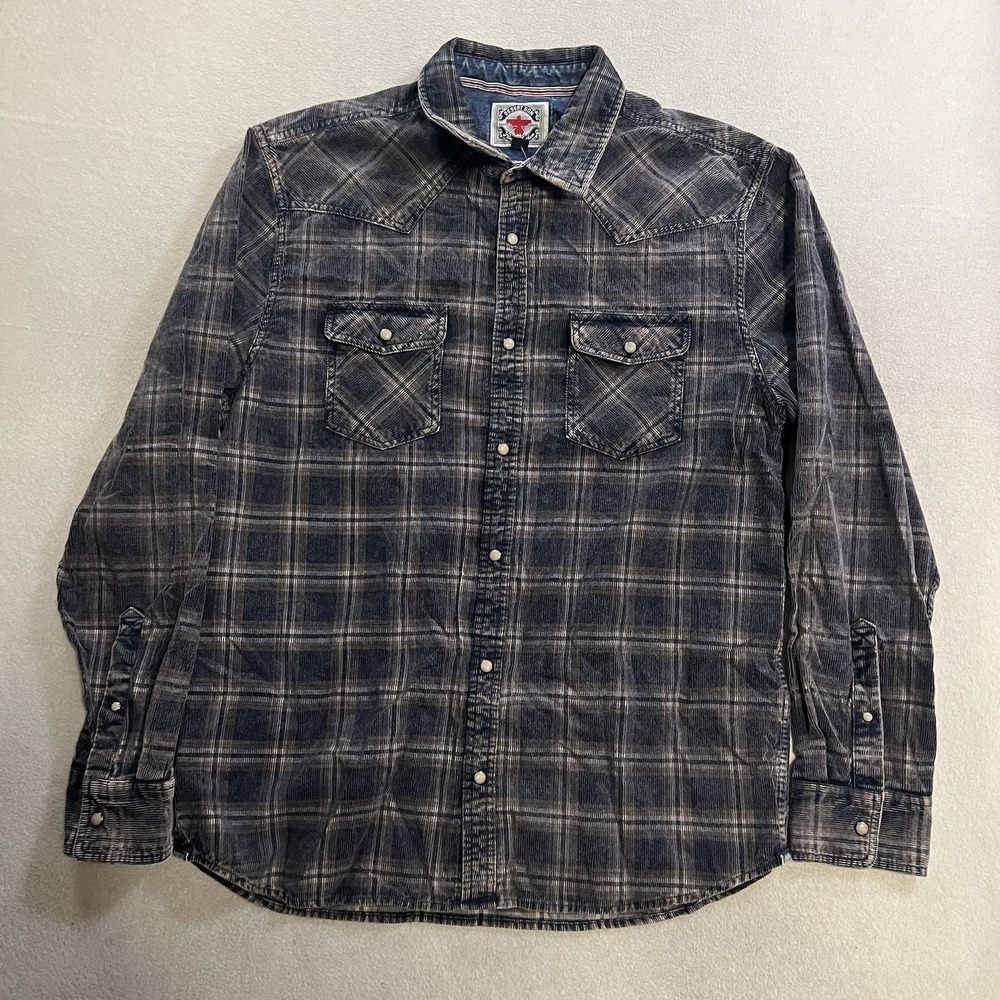 Desert Son Flag & Anthem Shirt Men's Size Large Plaid Corduroy Pearl Snap